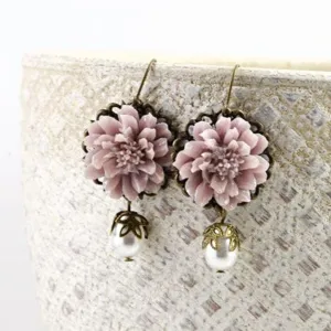 Bronze Drop Earrings With Dusty Pink Lotus Flower & Swarovski Pearl