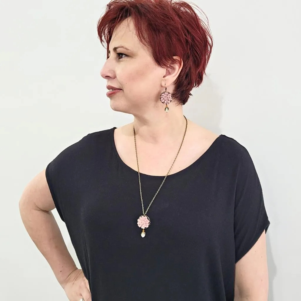 Bronze Drop Earrings With Dusty Pink Lotus Flower & Swarovski Pearl