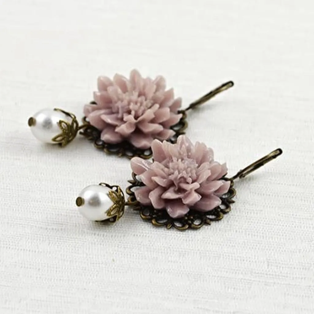 Bronze Drop Earrings With Dusty Pink Lotus Flower & Swarovski Pearl