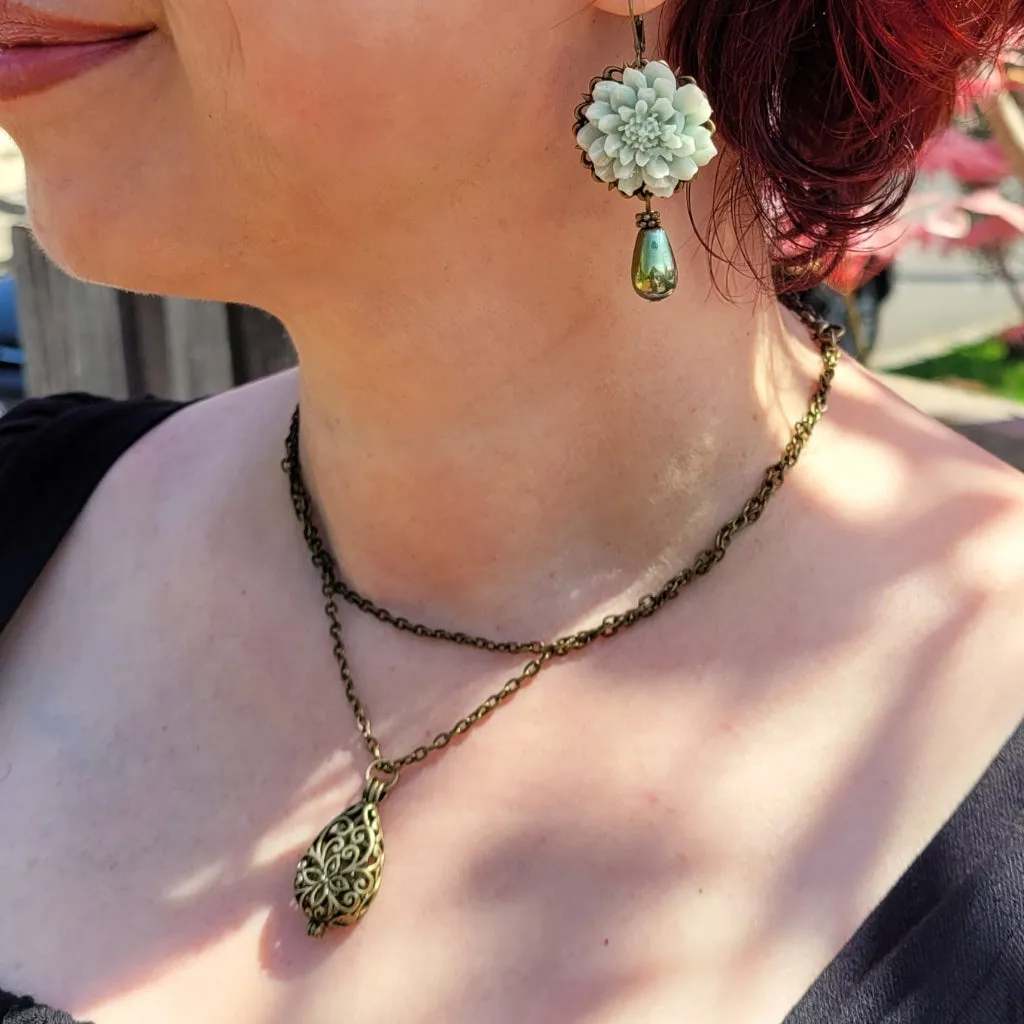 Bronze Drop Earrings With Lotus Flower & Glass Bead