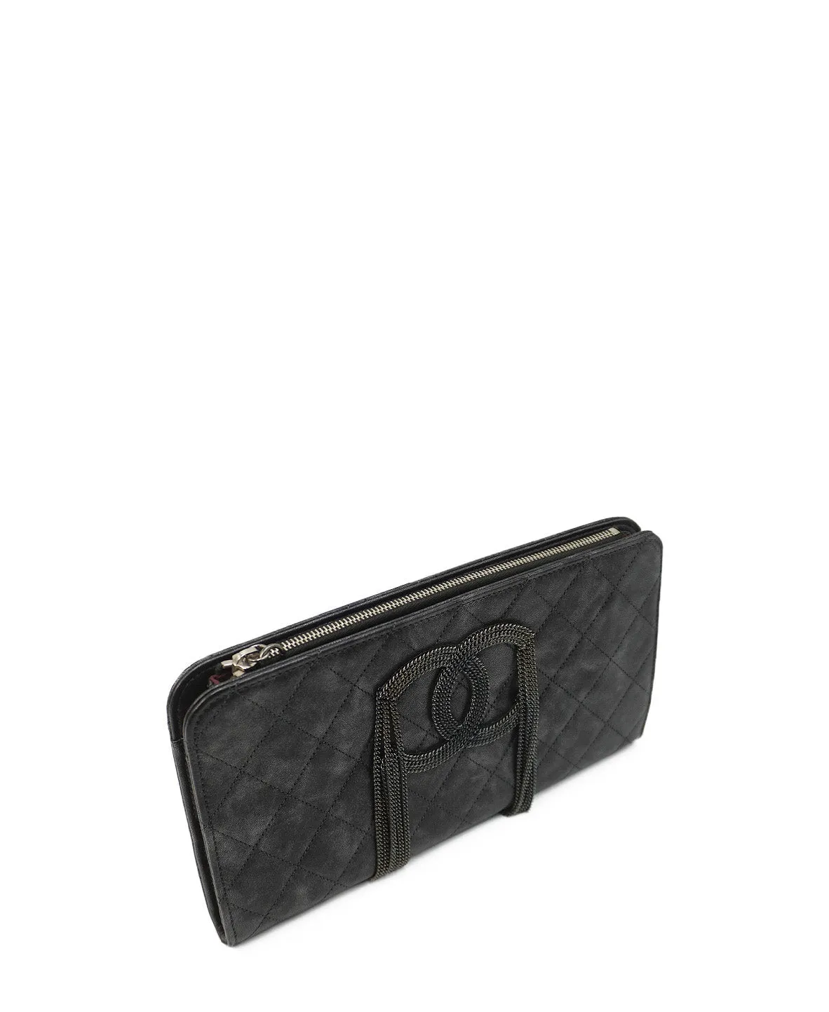 Bronze Metallic Quilted Calfskin Chain CC Wristlet Clutch Black
