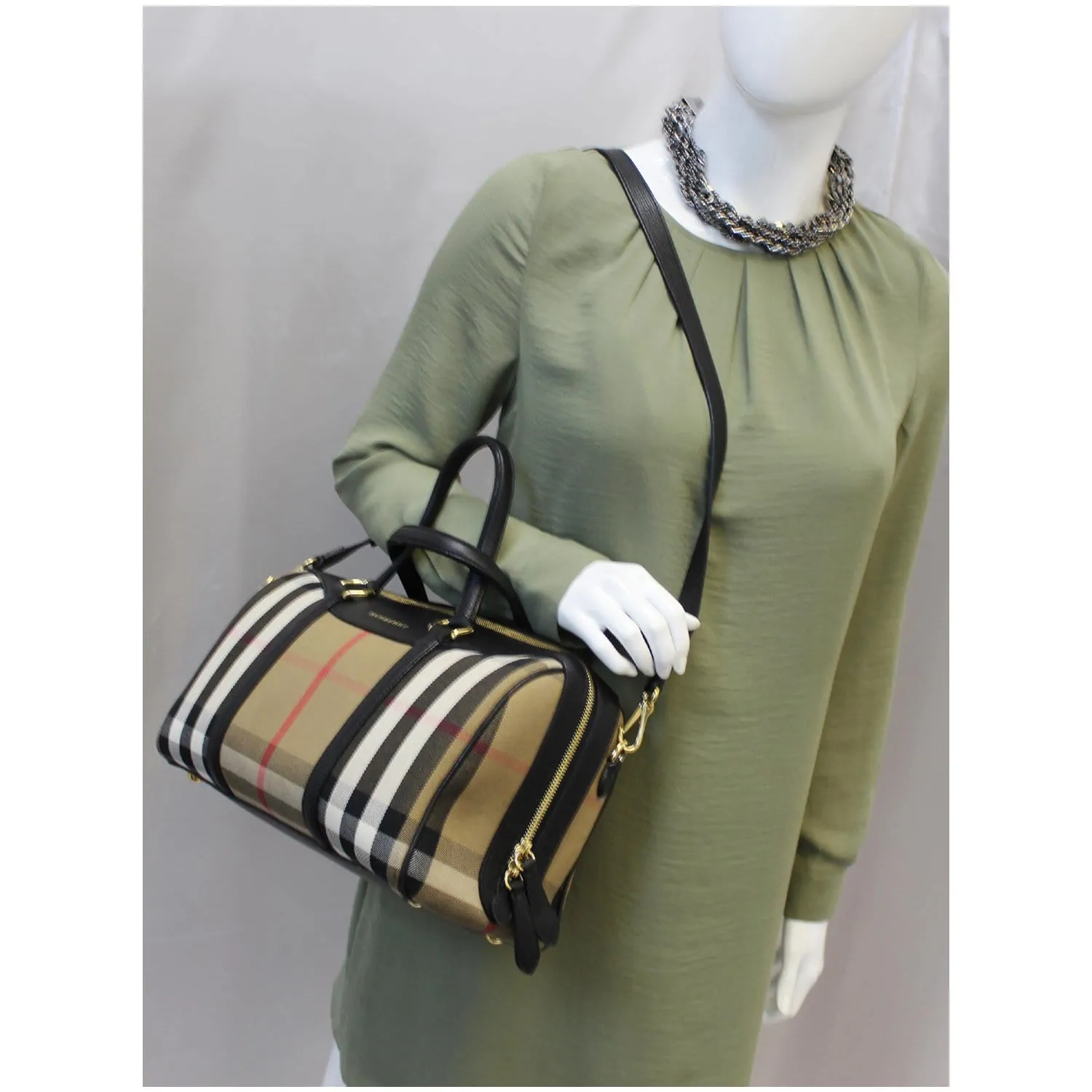 BURBERRY Alchester Medium House Check Satchel Bag Black/Beige