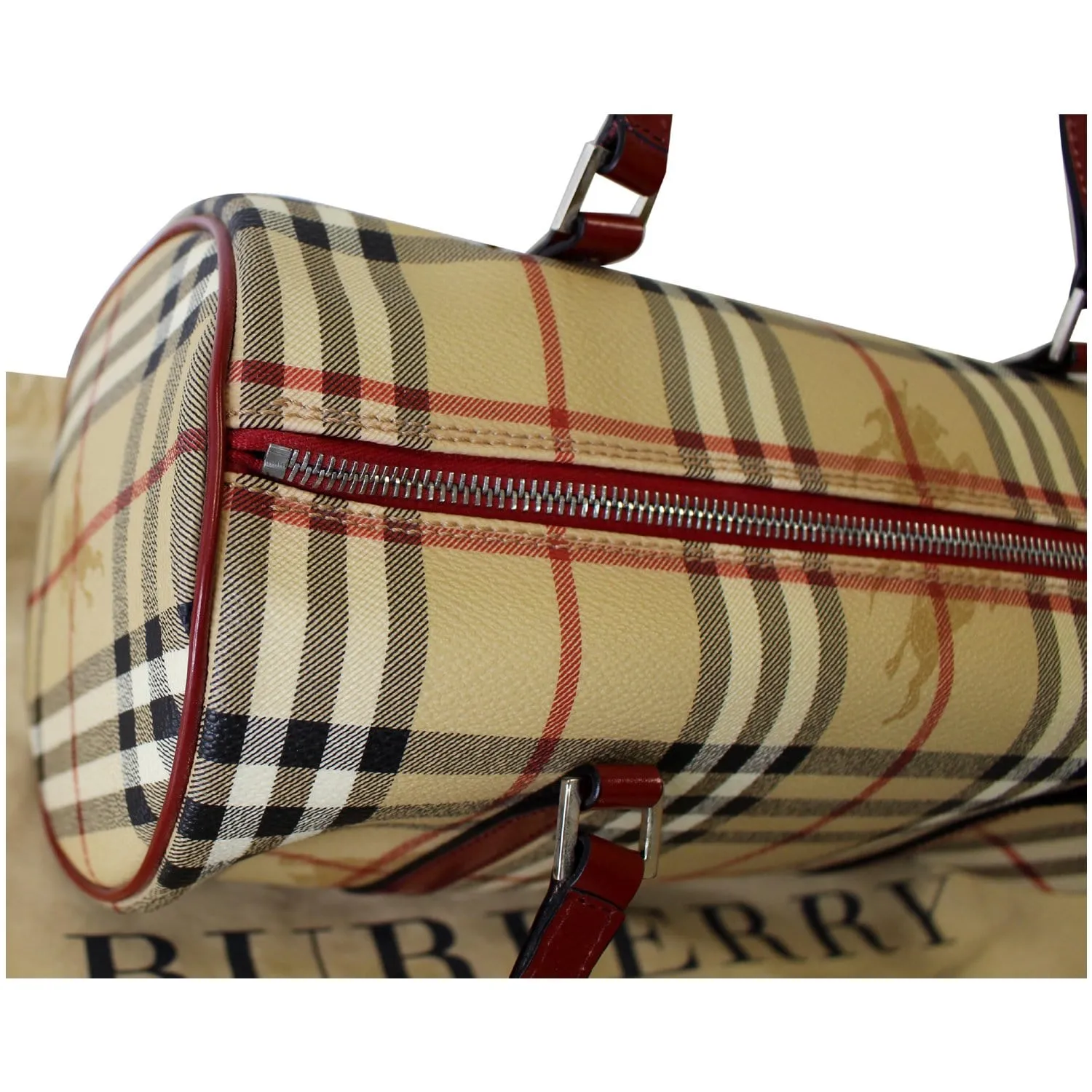 BURBERRY Barrel Haymarket Check Coated Canvas Shoulder Bag Red