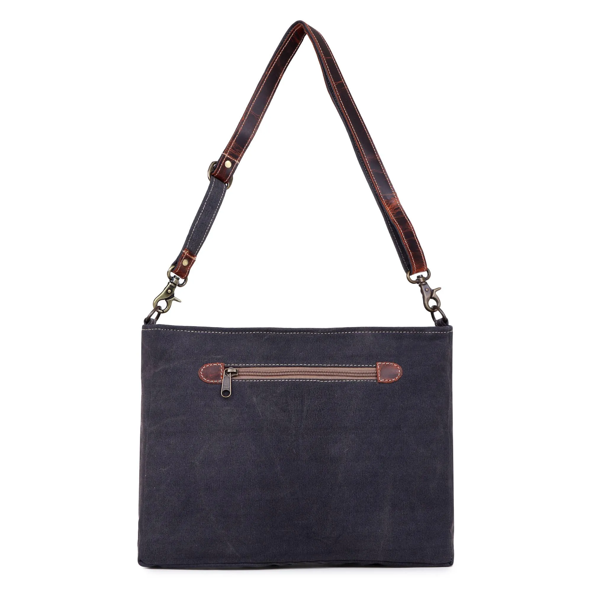 Canvas & Leather Shoulder Bag - Indigo Print