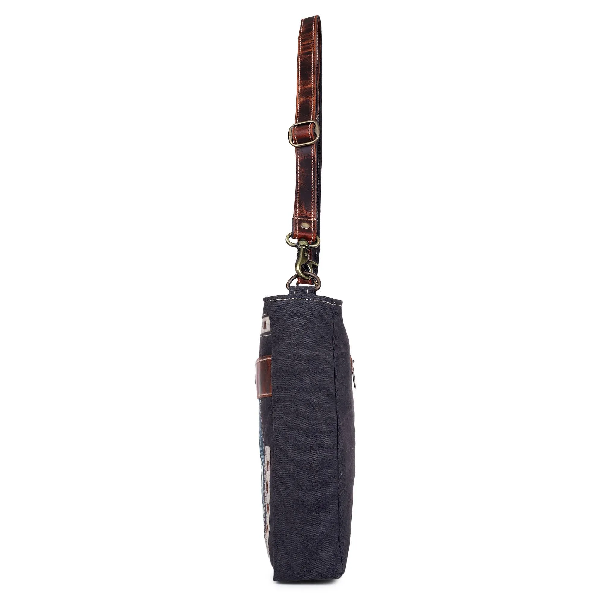 Canvas & Leather Shoulder Bag - Indigo Print