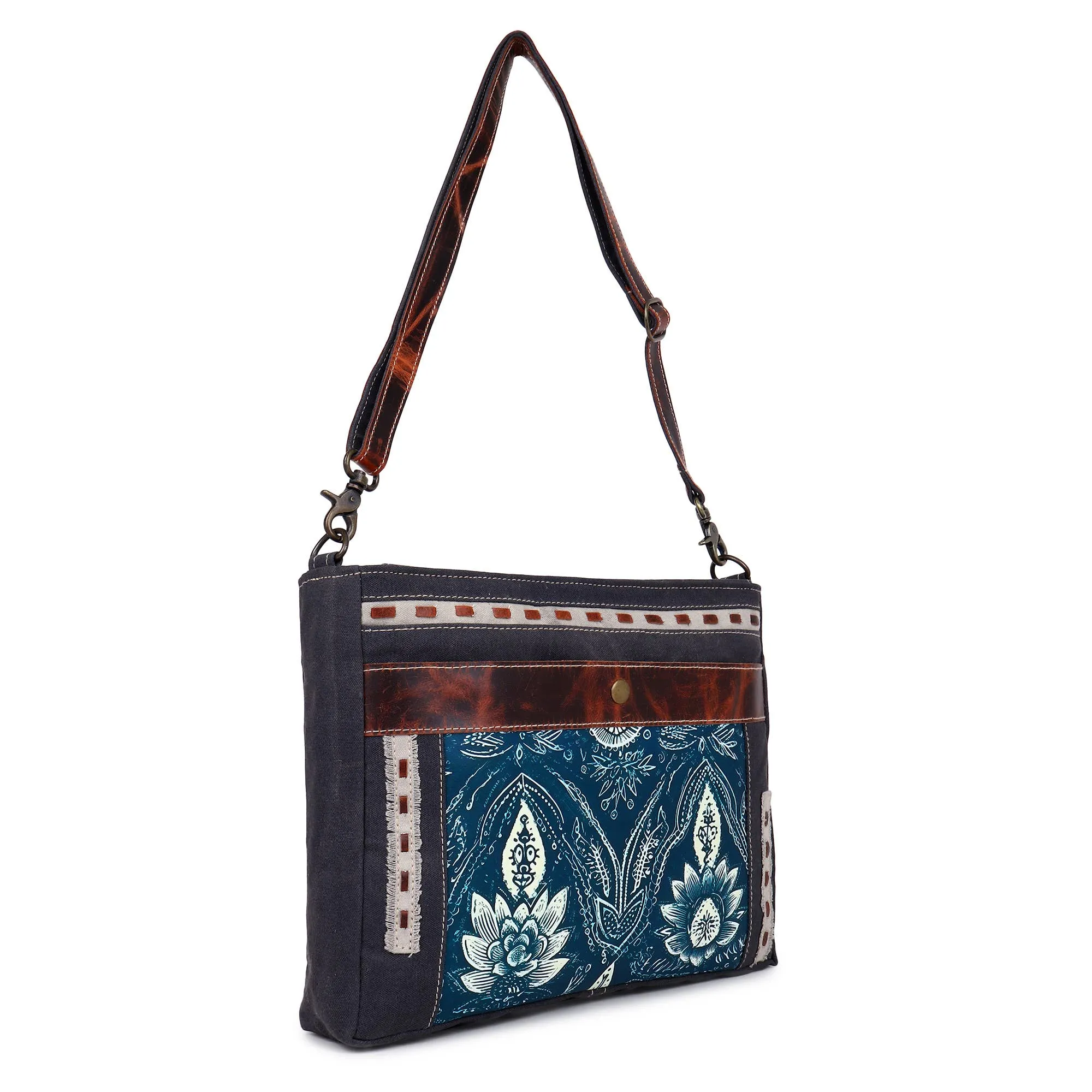Canvas & Leather Shoulder Bag - Indigo Print