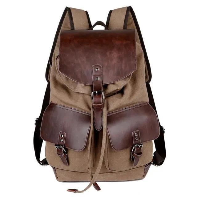 Canvas and Leather Drawstring Travel Backpack