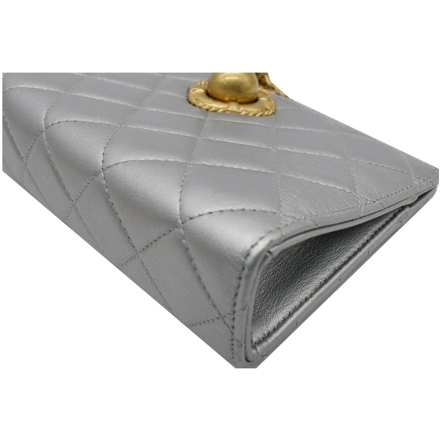 CHANEL By The Sea Quilted Lambskin Leather Clutch Wallet Metallic Silver