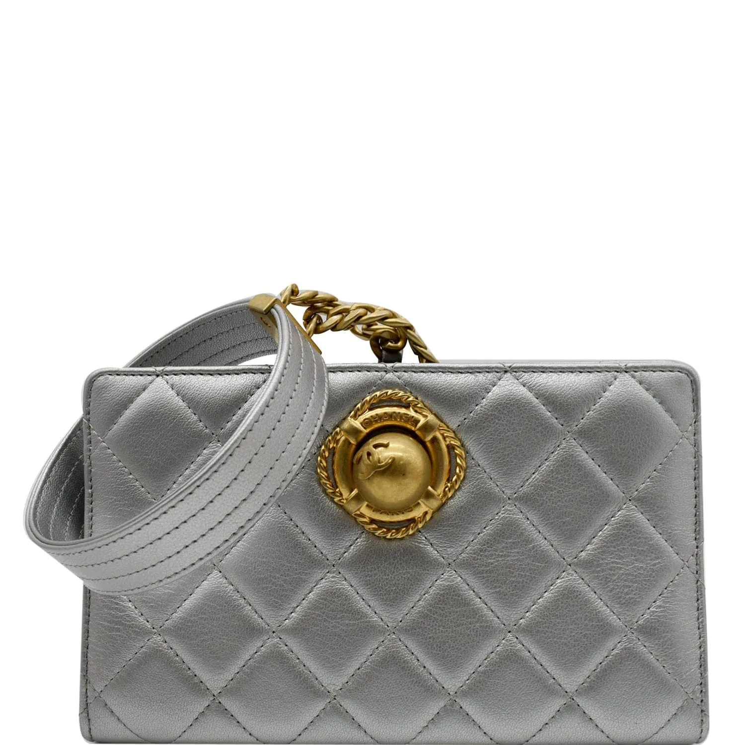 CHANEL By The Sea Quilted Lambskin Leather Clutch Wallet Metallic Silver