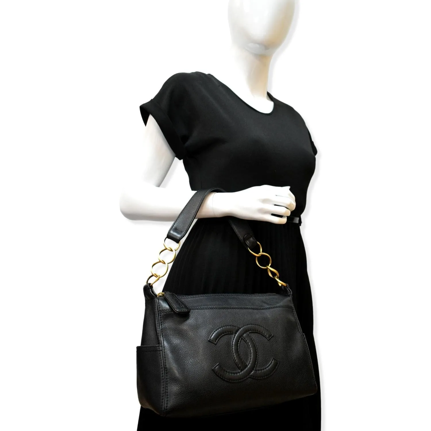 CHANEL CC Calfskin Leather Ring Chain Satchel Bag Black