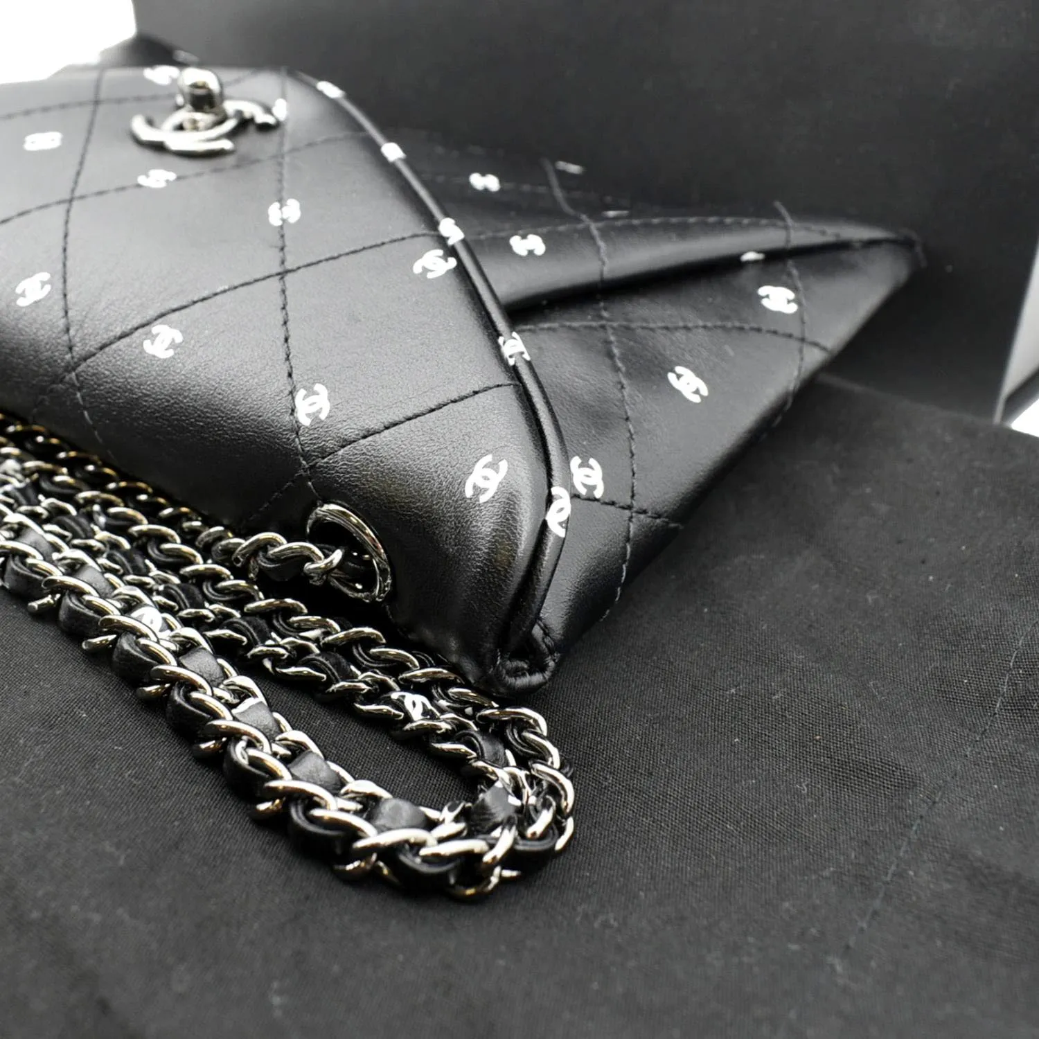 CHANEL CC Envelope Printed Lambskin Leather Chain Clutch Bag Black