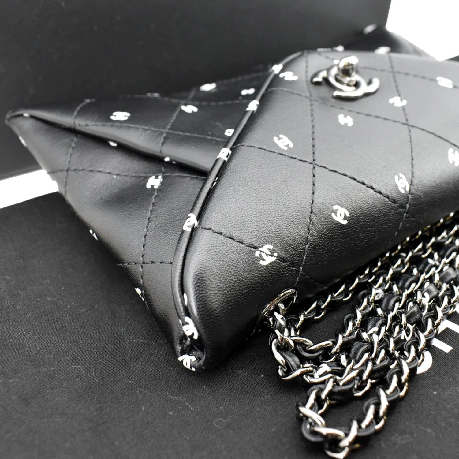 CHANEL CC Envelope Printed Lambskin Leather Chain Clutch Bag Black