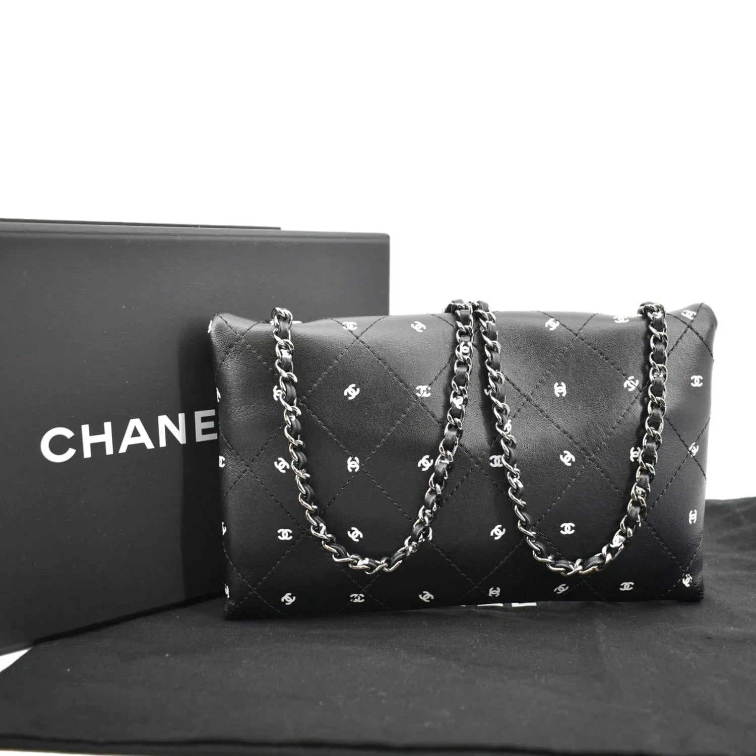 CHANEL CC Envelope Printed Lambskin Leather Chain Clutch Bag Black