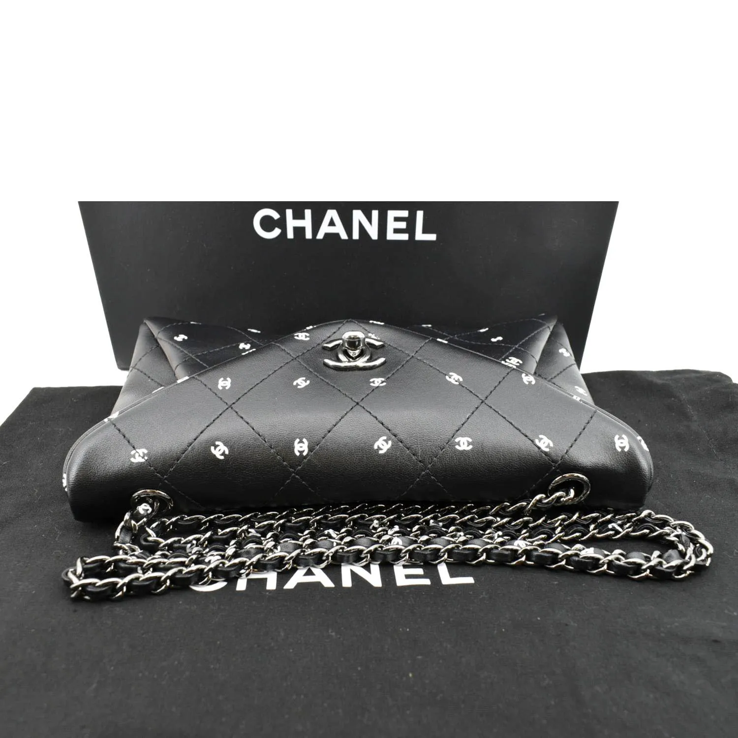 CHANEL CC Envelope Printed Lambskin Leather Chain Clutch Bag Black