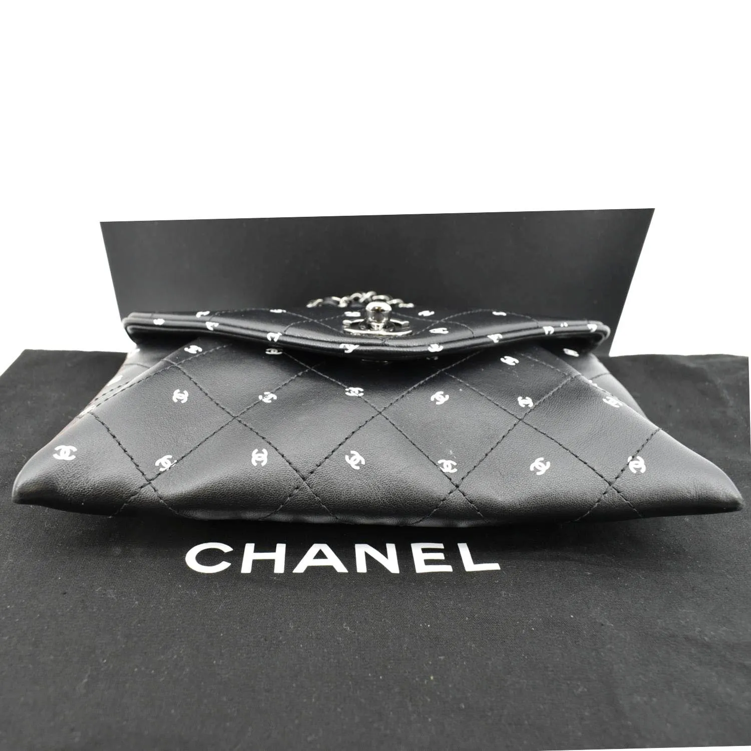 CHANEL CC Envelope Printed Lambskin Leather Chain Clutch Bag Black