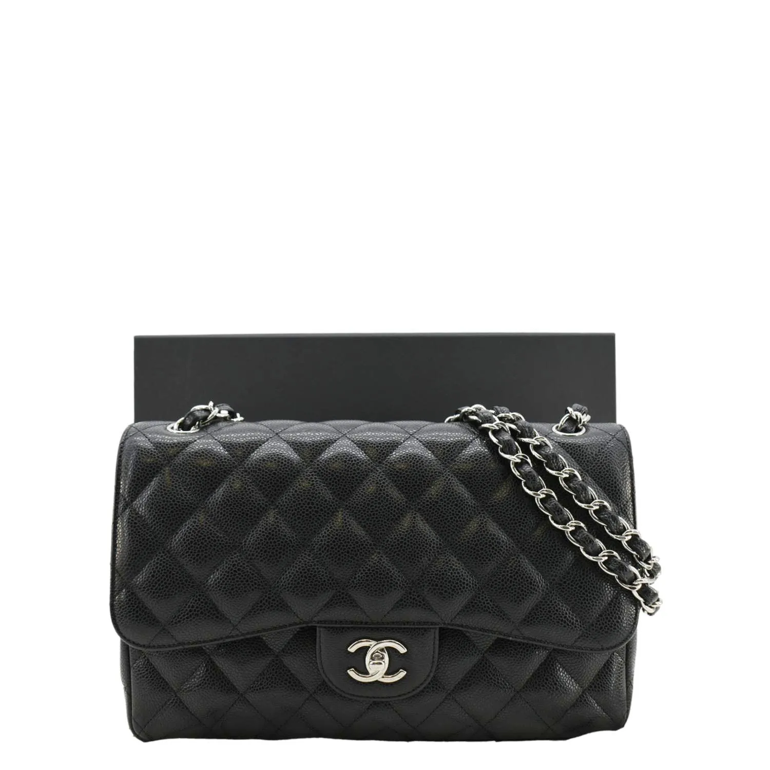 CHANEL Classic Jumbo Double Flap Quilted Caviar Leather Shoulder Bag Black