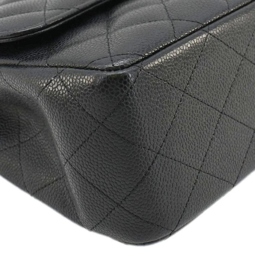 CHANEL Classic Jumbo Double Flap Quilted Caviar Leather Shoulder Bag Black