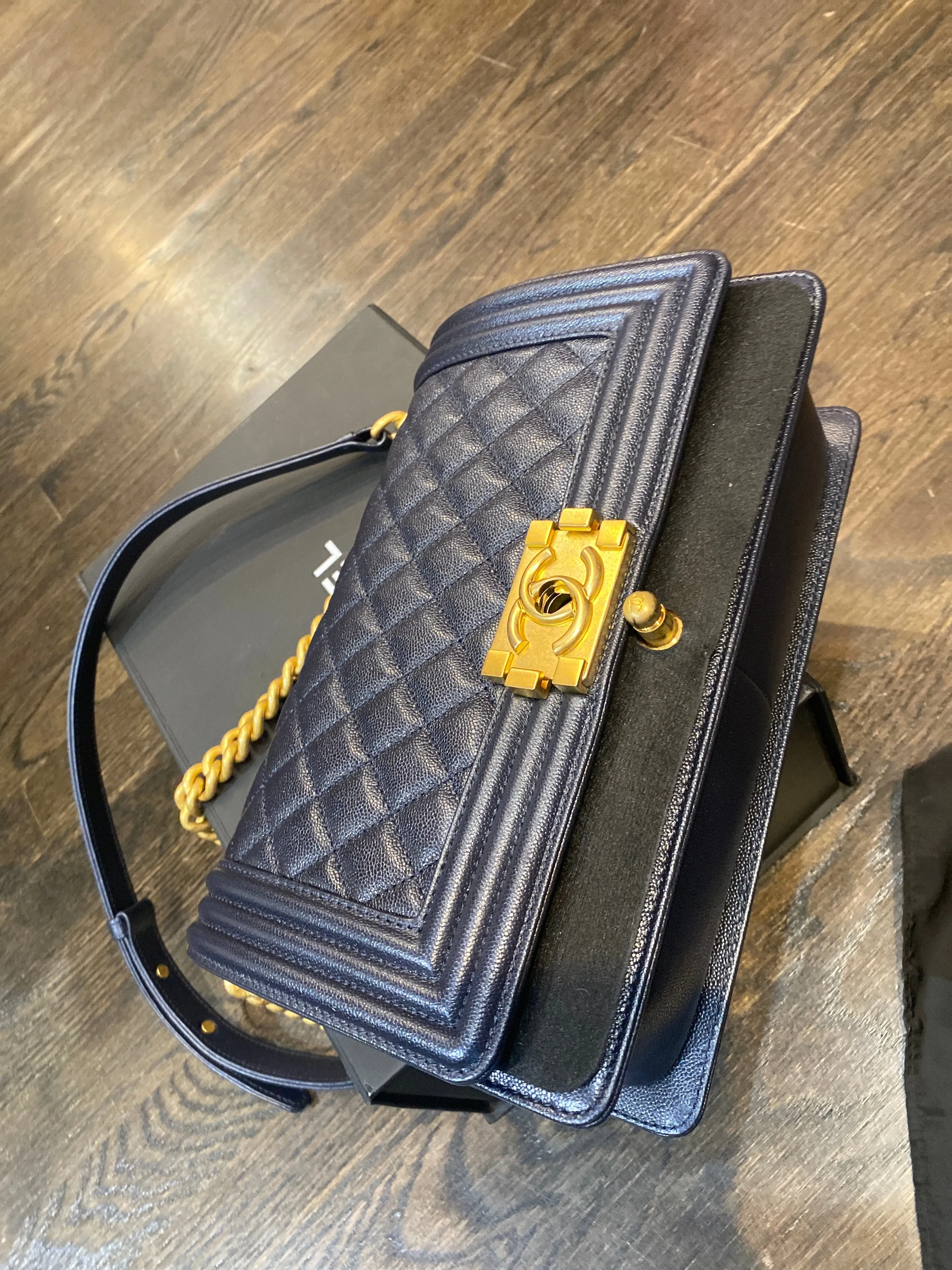 Chanel Dark Blue New Medium Caviar Leather Quilted Boy Bag with Antique Gold Hardware