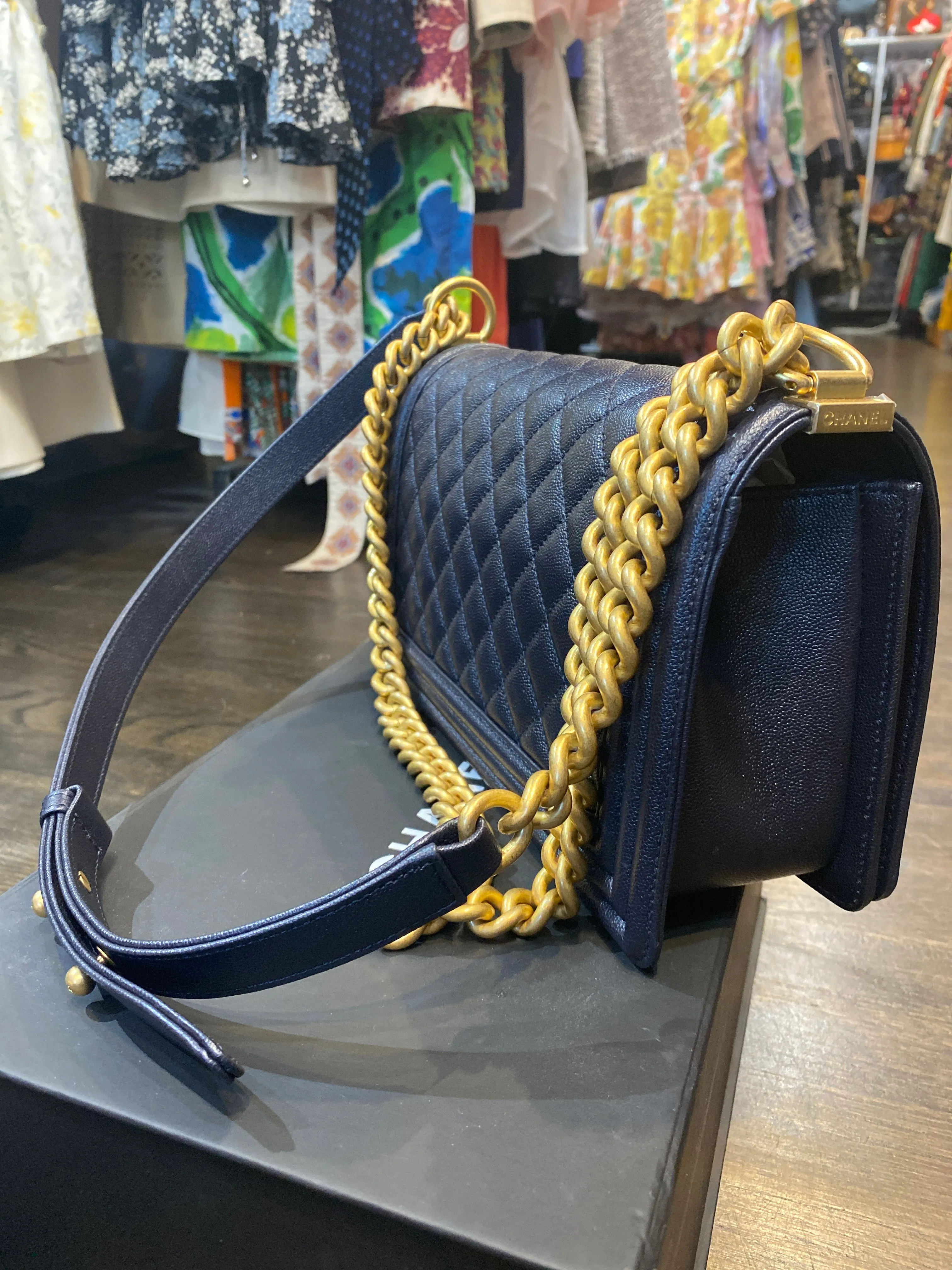 Chanel Dark Blue New Medium Caviar Leather Quilted Boy Bag with Antique Gold Hardware