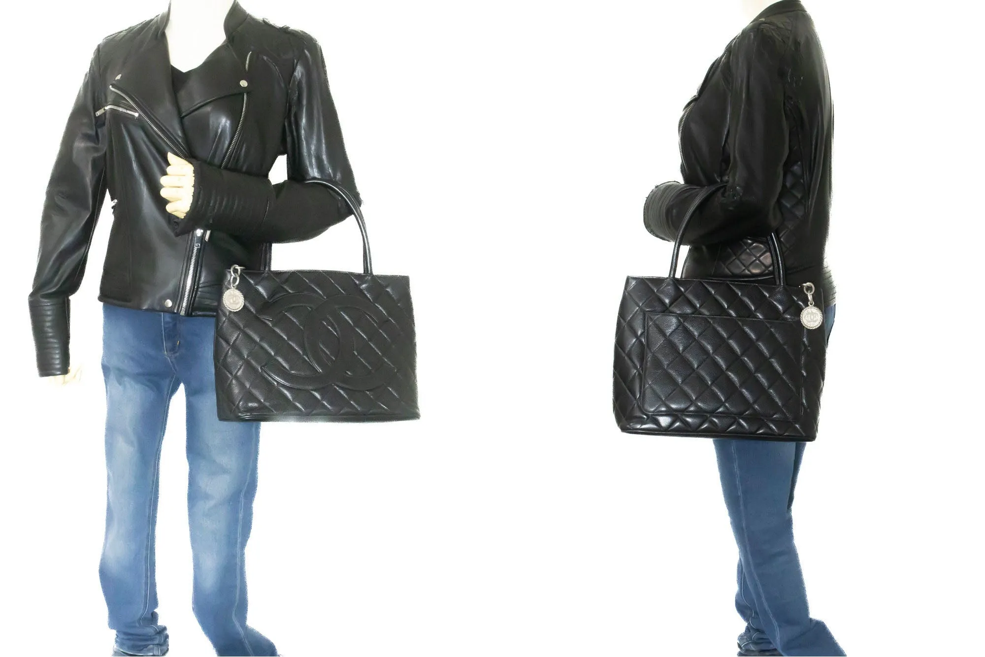 CHANEL Silver Medallion Grained Calfskin Leather Shoulder Bag n54