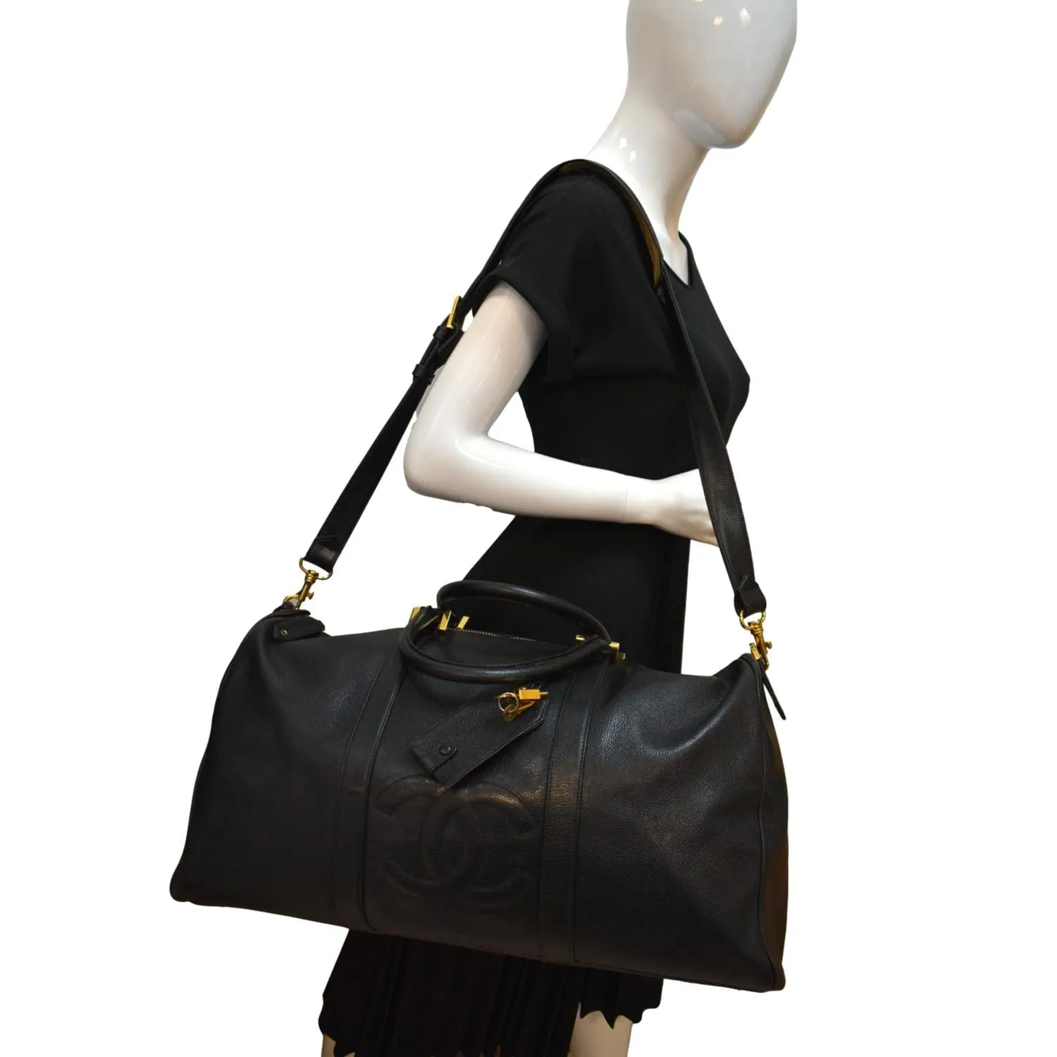 CHANEL Vintage Leather Boston Shoulder Bag Black