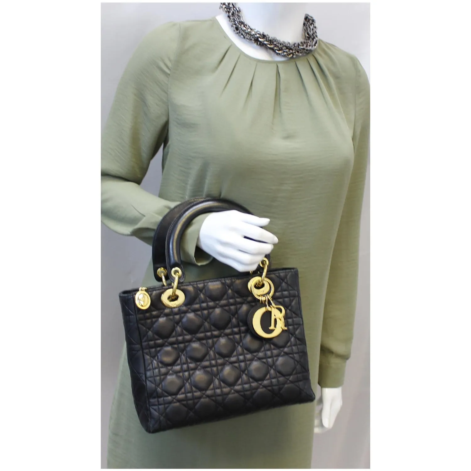 CHRISTIAN DIOR Mini Lady Dior Lambskin Cannage Satchel Bag Black