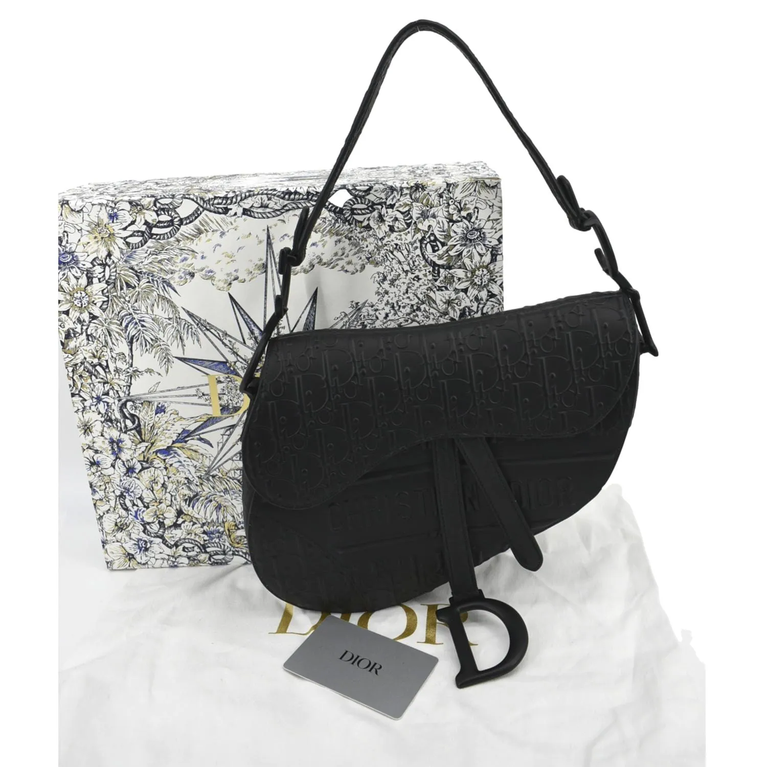 CHRISTIAN DIOR Saddle Oblique Embossed Calfskin Satchel Bag Black