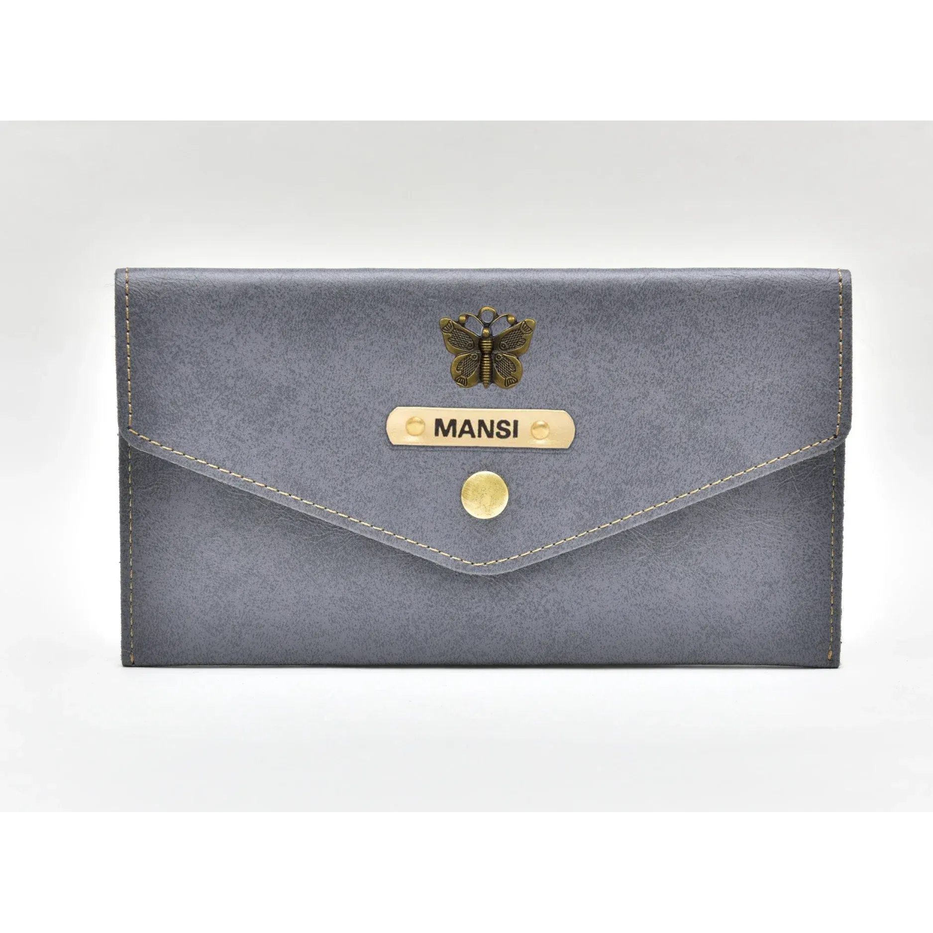 Classy Leather Customized Minimal Clutch with Charm (Grey)