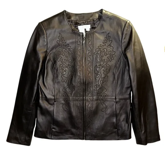 Coldwater Creek embroidered black leather jacket