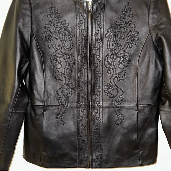 Coldwater Creek embroidered black leather jacket