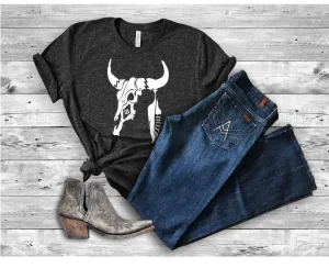 Cow Skull And Feather Bella Canvas 3001 Tee
