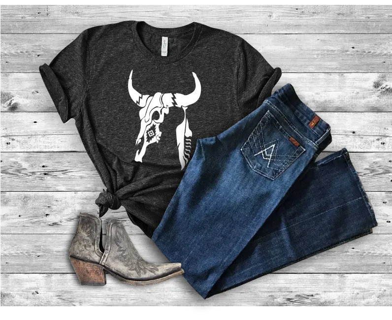 Cow Skull And Feather Bella Canvas 3001 Tee