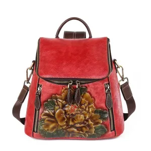 Cowhide Girls Rucksack Female 3 Use School Daypack Travel Shoulder Bag Knapsack Flower Pattern Women Backpack Genuine Leather
