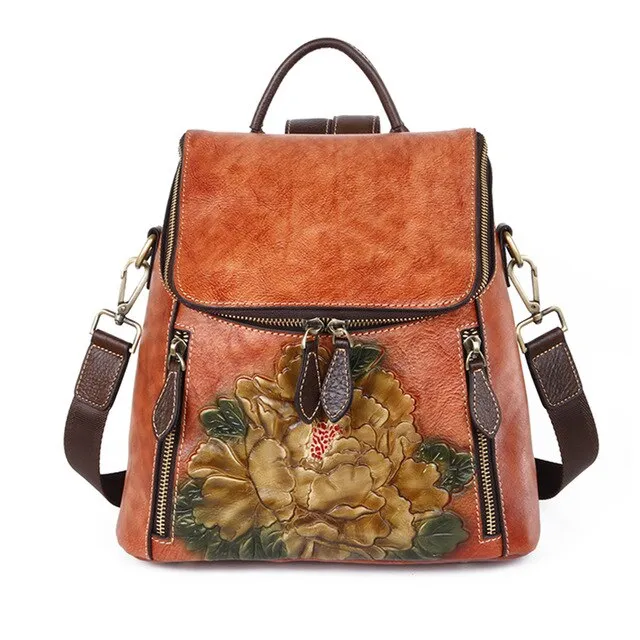Cowhide Girls Rucksack Female 3 Use School Daypack Travel Shoulder Bag Knapsack Flower Pattern Women Backpack Genuine Leather