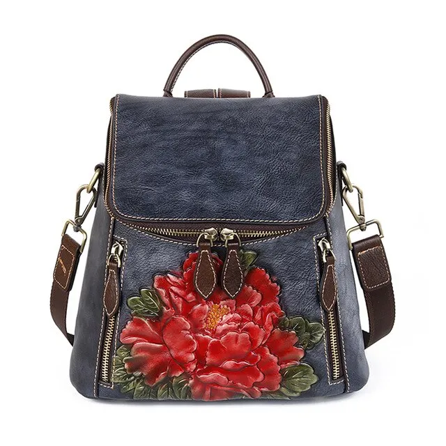 Cowhide Girls Rucksack Female 3 Use School Daypack Travel Shoulder Bag Knapsack Flower Pattern Women Backpack Genuine Leather