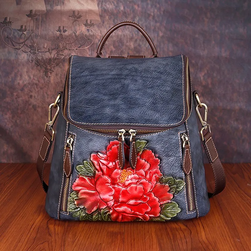Cowhide Girls Rucksack Female 3 Use School Daypack Travel Shoulder Bag Knapsack Flower Pattern Women Backpack Genuine Leather