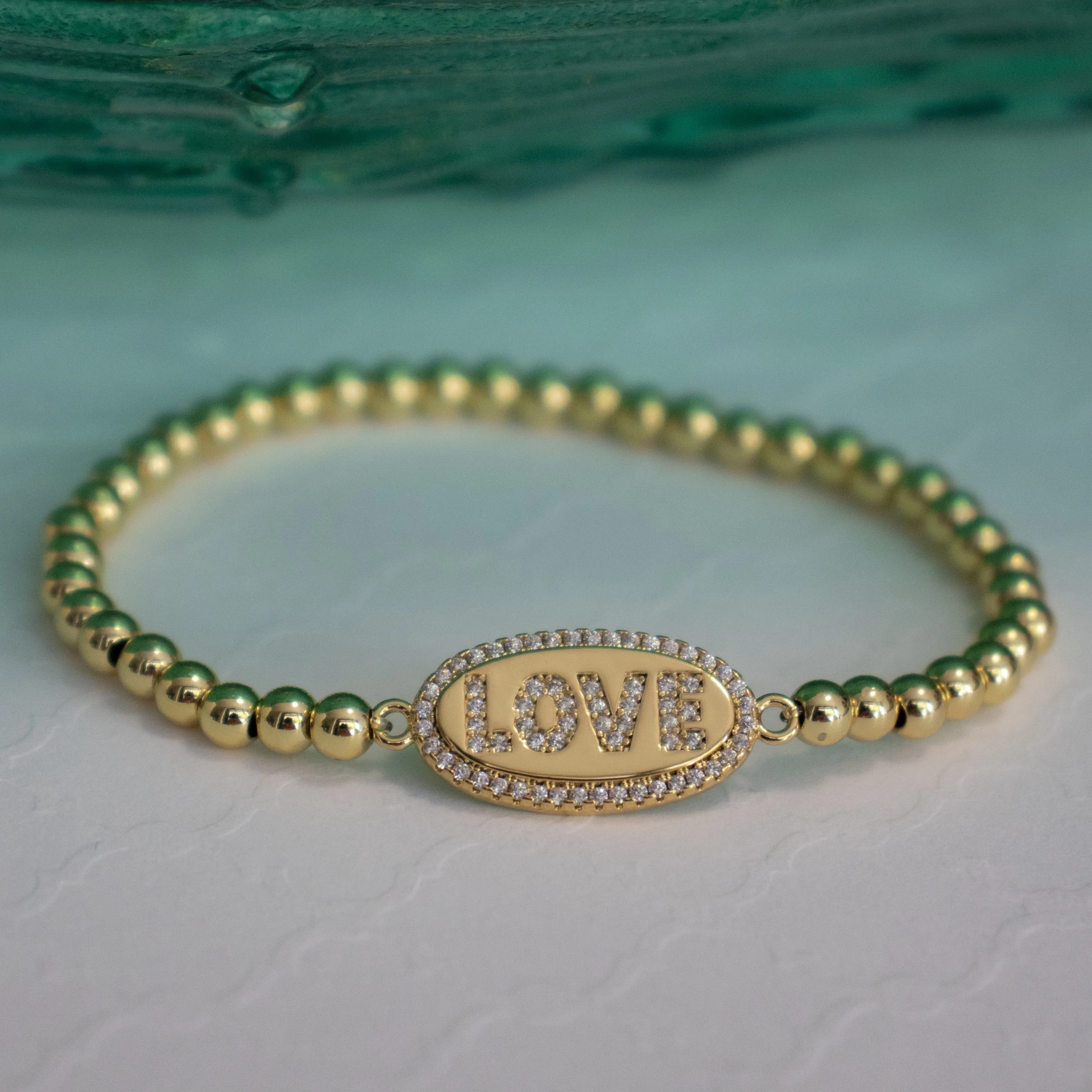 CZ Love Bar Stretch Beaded Bracelet - Gold