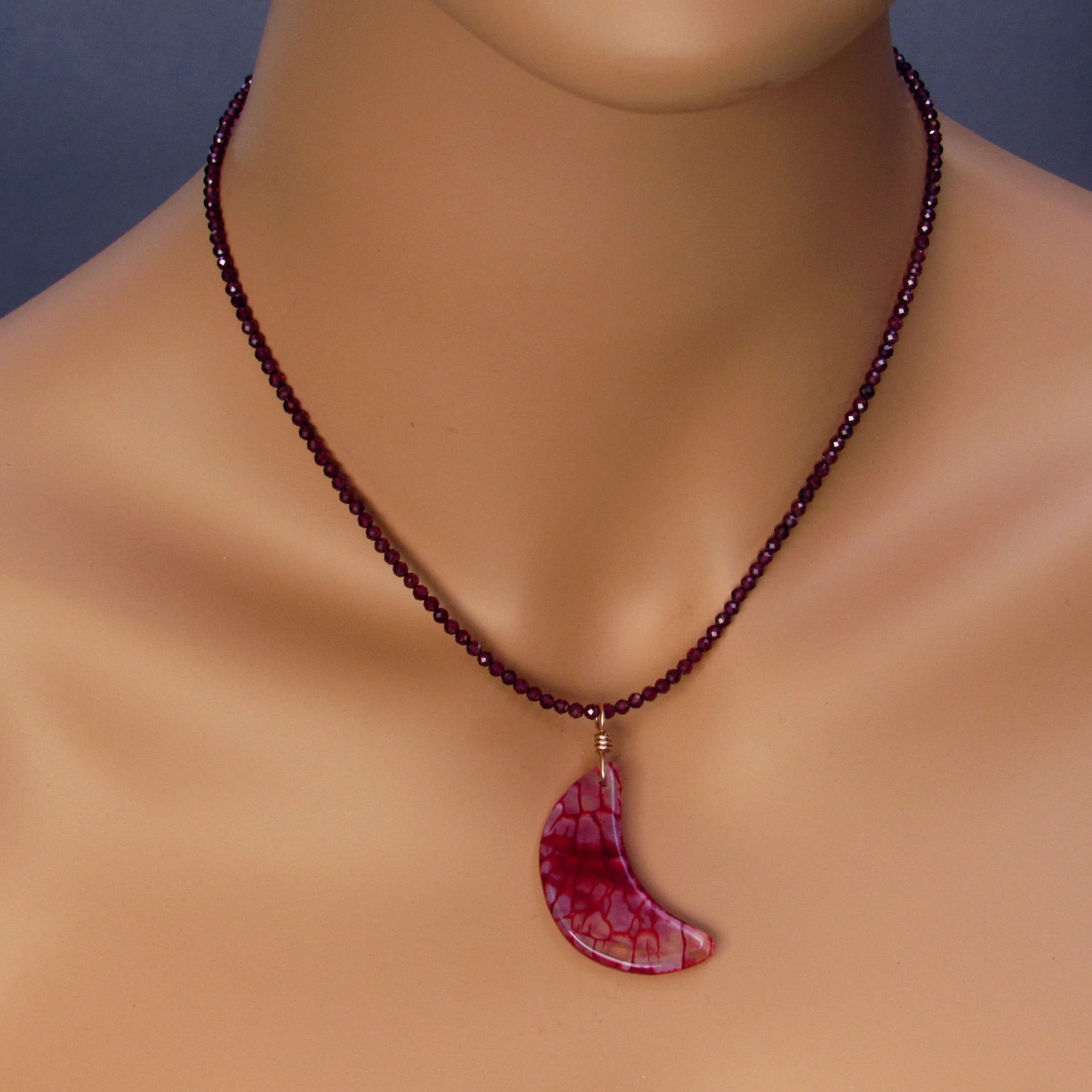 Dragon’s Vein’s Agate Moon Hand-wrapped Pendant w/ 14 Kt Rose Gold Filled on Garnets