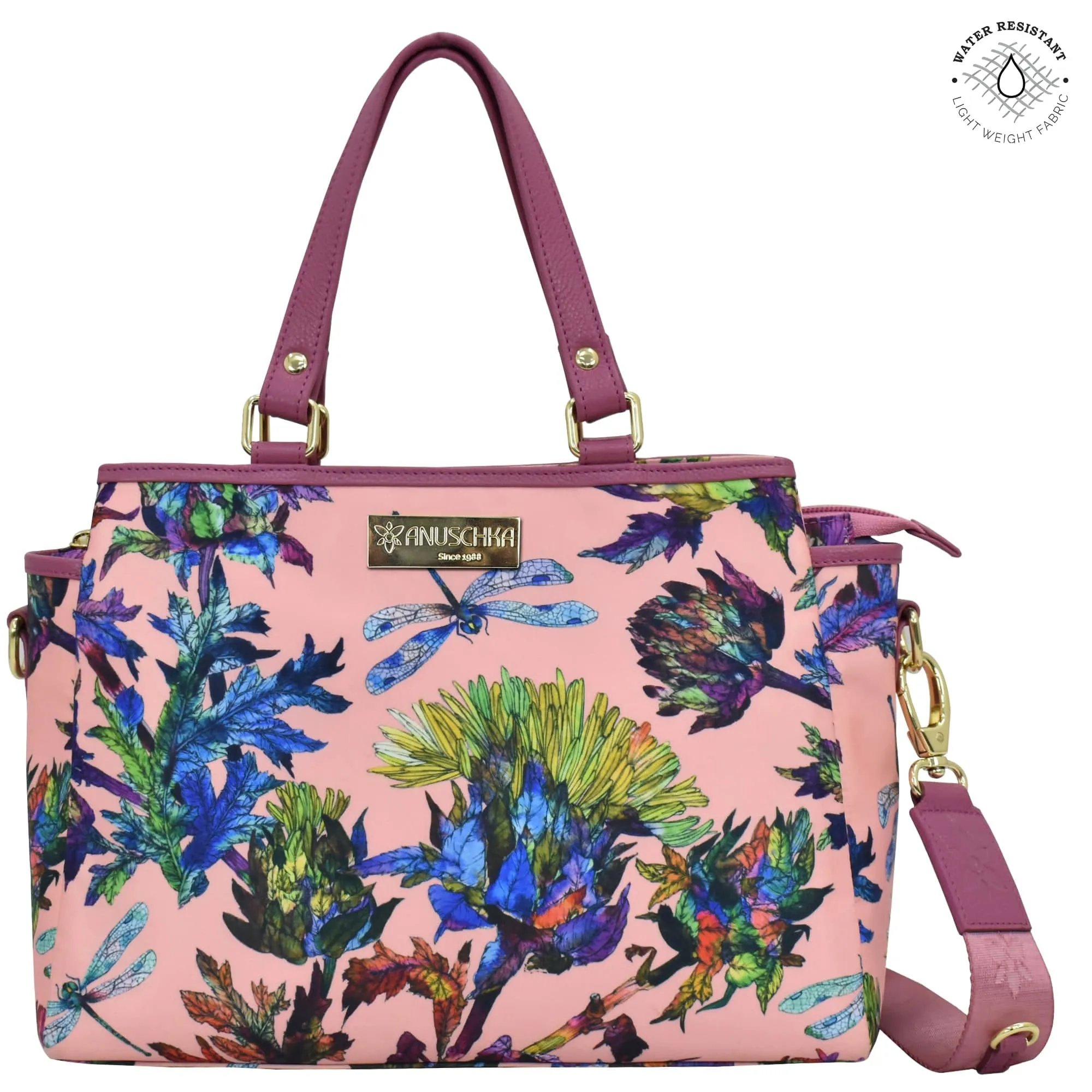 Fabric with Leather Trim Multi Compartment Satchel - 12014