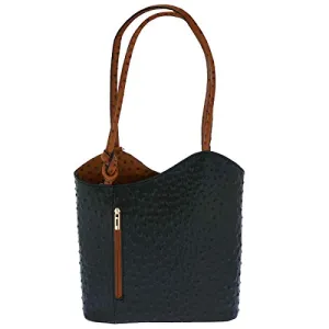 Fioretta Italian Genuine Leather Ostrich Pattern Top Dual Handles Tote Shoulder Bag Backpack Handbag For Women (Black and Brown)