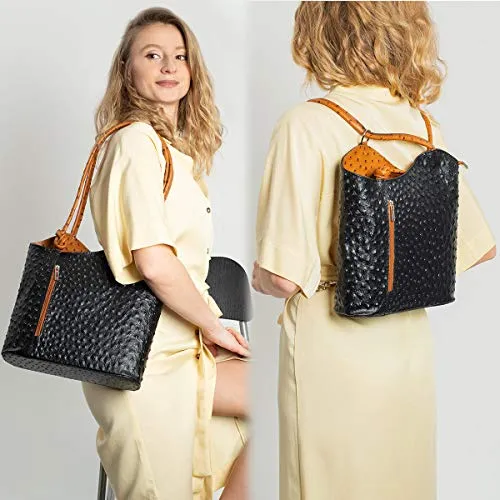 Fioretta Italian Genuine Leather Ostrich Pattern Top Dual Handles Tote Shoulder Bag Backpack Handbag For Women (Black and Brown)