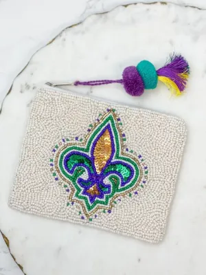 Fleur de Lis Mardi Gras Beaded Zip Pouch