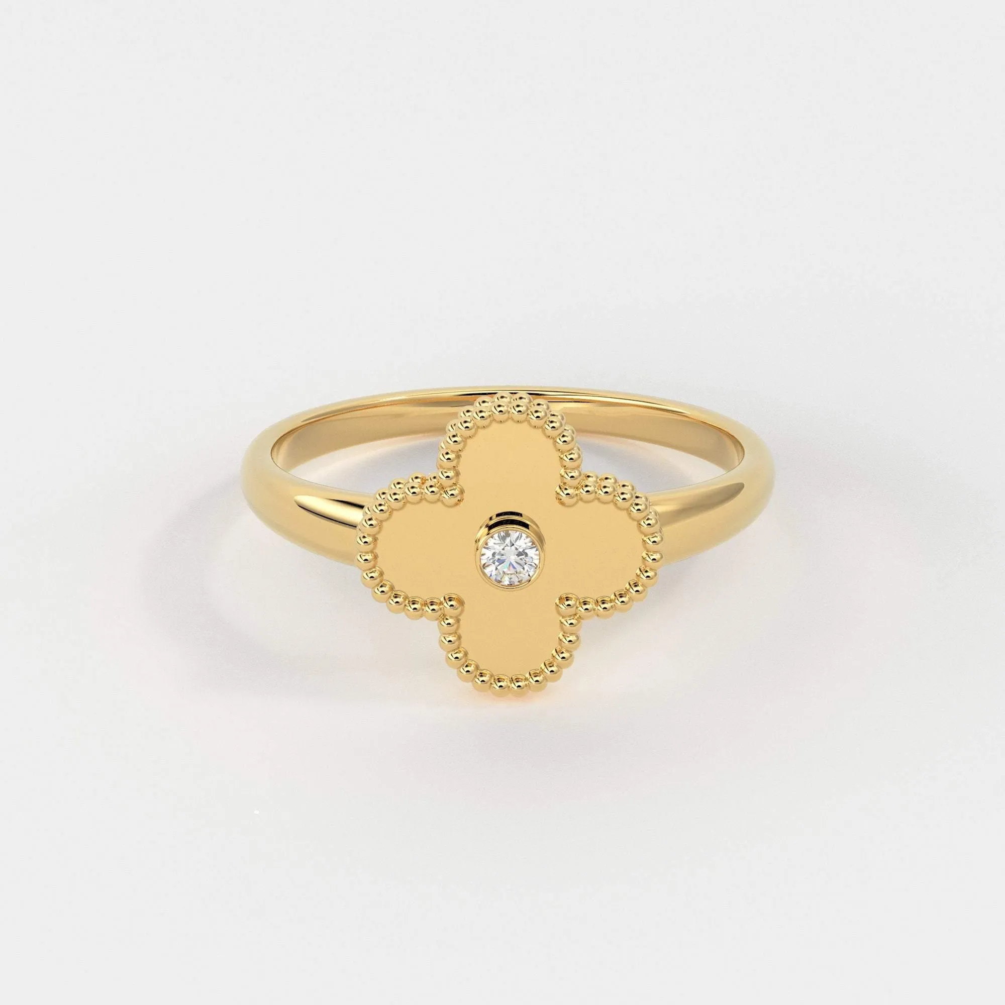 Four Leaf Clover Ring Ring / Solitaire Diamond Ring for Women in 14k Gold / Milgrain Solid Gold Ring / Handmade 14k Gold Statement Ring