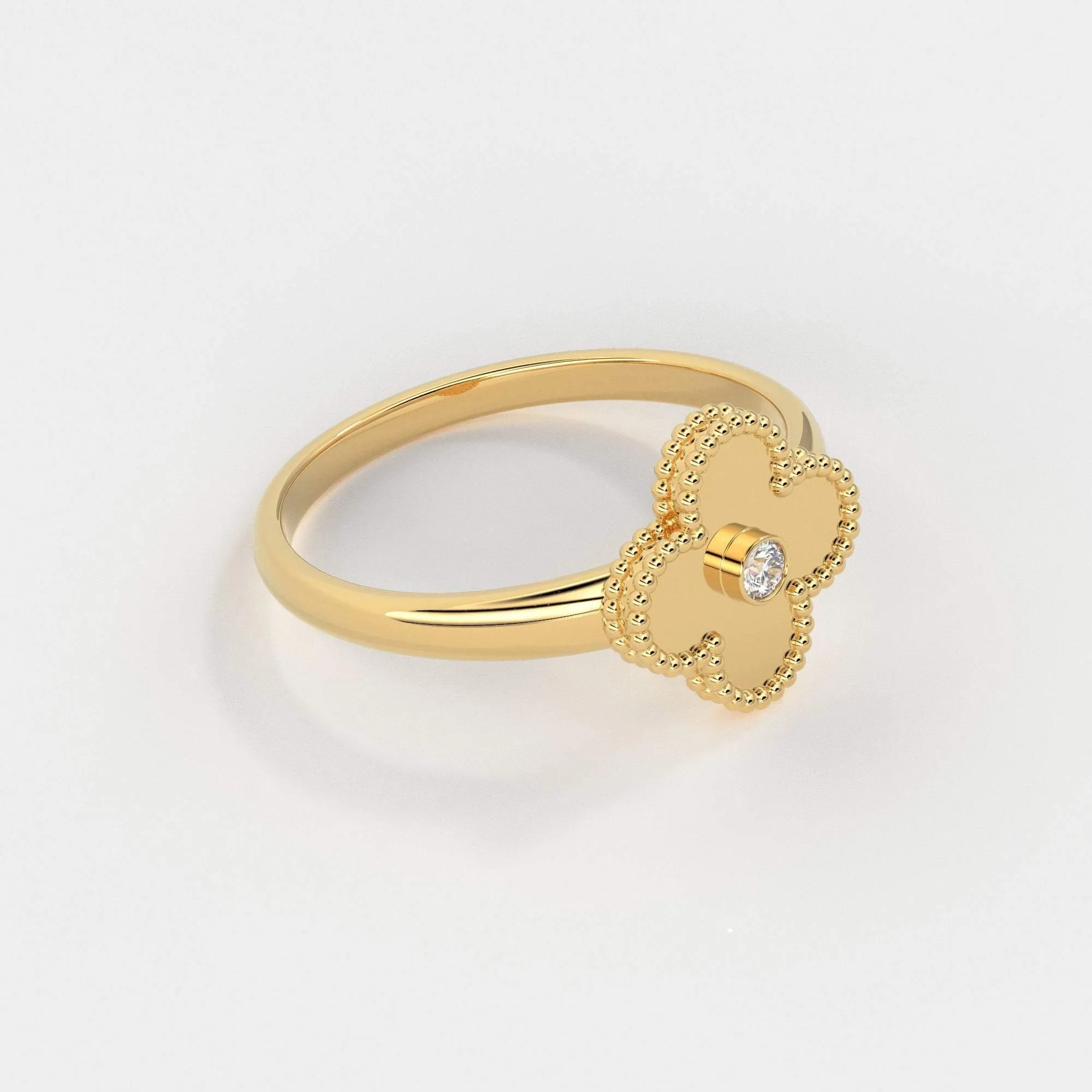 Four Leaf Clover Ring Ring / Solitaire Diamond Ring for Women in 14k Gold / Milgrain Solid Gold Ring / Handmade 14k Gold Statement Ring
