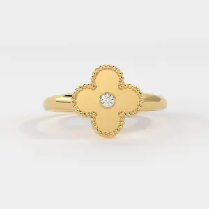 Four Leaf Clover Ring Ring / Solitaire Diamond Ring for Women in 14k Gold / Milgrain Solid Gold Ring / Handmade 14k Gold Statement Ring