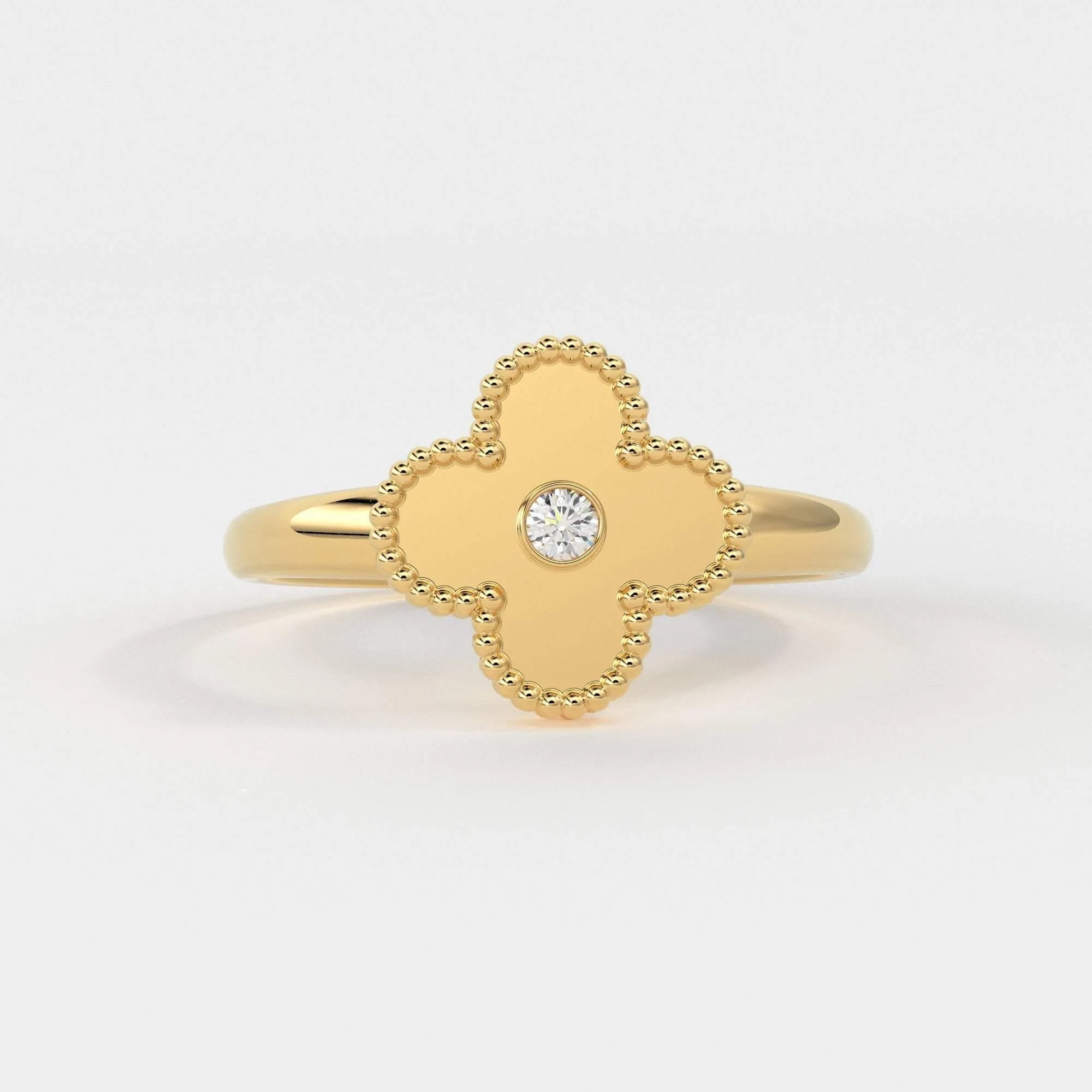 Four Leaf Clover Ring Ring / Solitaire Diamond Ring for Women in 14k Gold / Milgrain Solid Gold Ring / Handmade 14k Gold Statement Ring