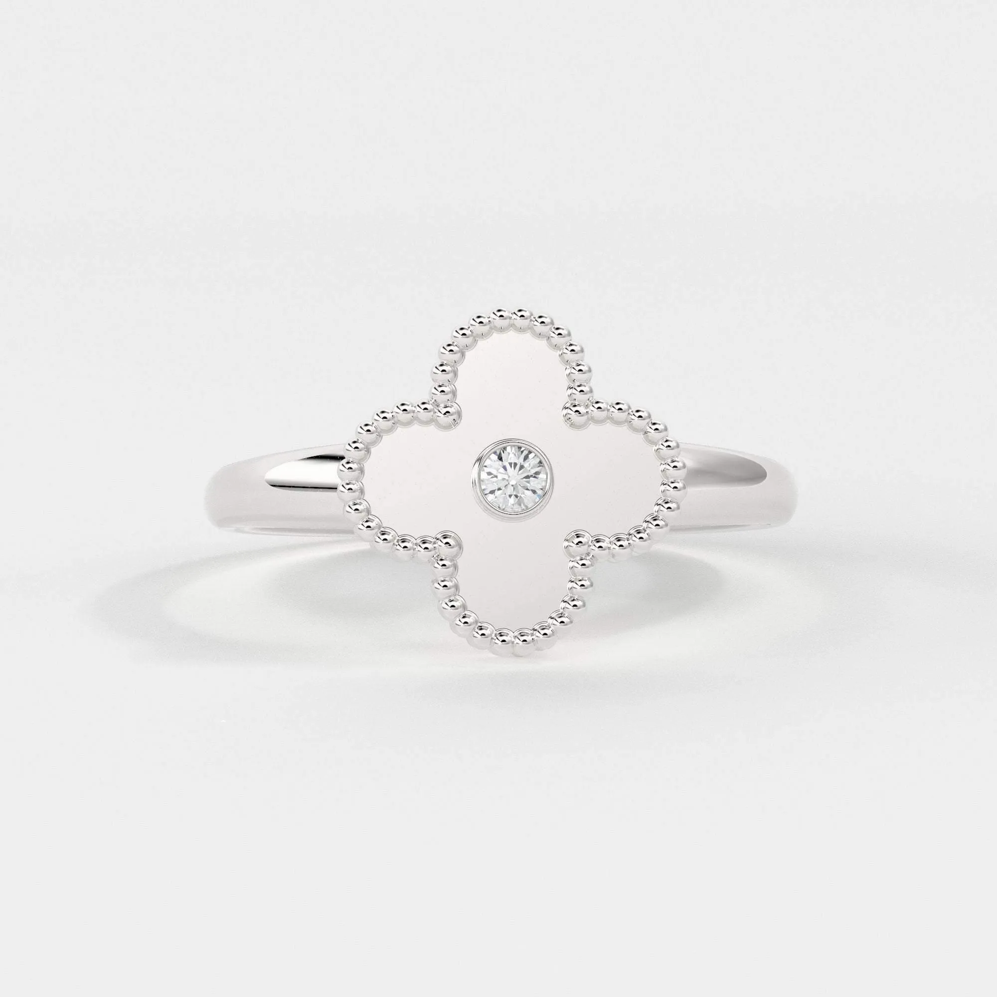 Four Leaf Clover Ring Ring / Solitaire Diamond Ring for Women in 14k Gold / Milgrain Solid Gold Ring / Handmade 14k Gold Statement Ring