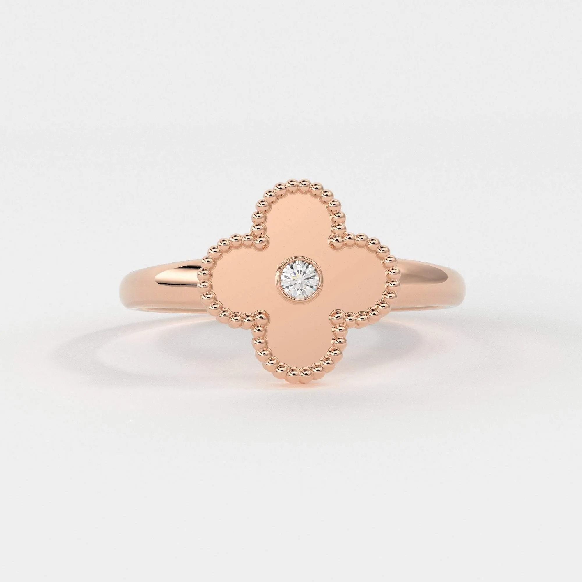 Four Leaf Clover Ring Ring / Solitaire Diamond Ring for Women in 14k Gold / Milgrain Solid Gold Ring / Handmade 14k Gold Statement Ring