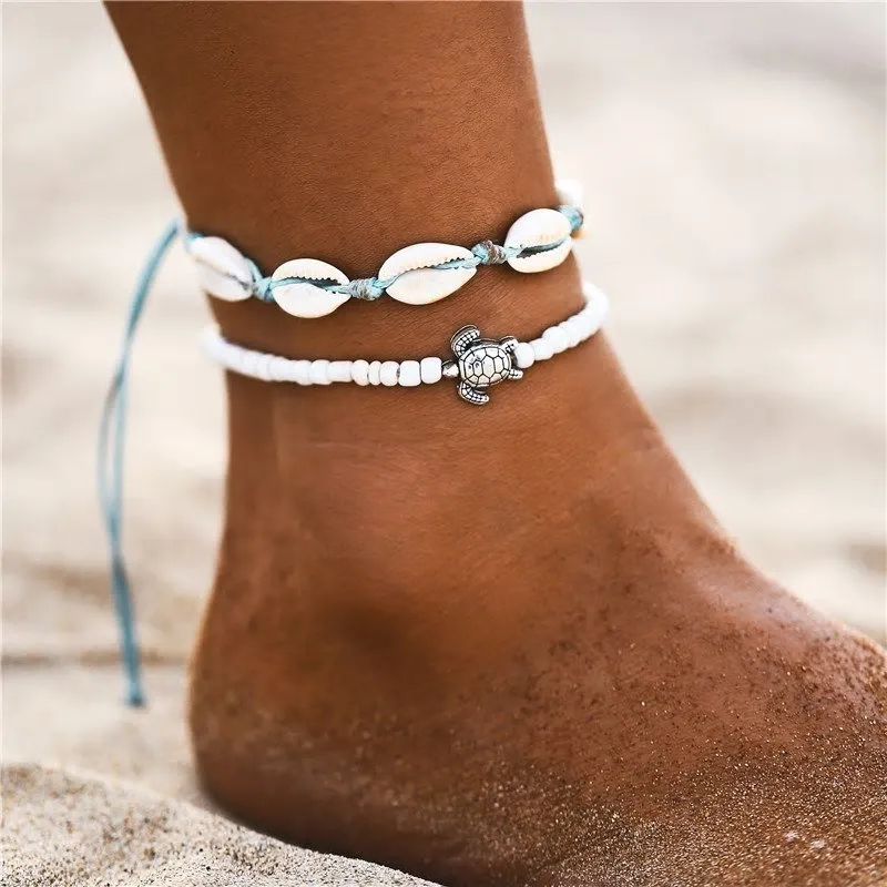 Genuine Seashell, Cowrie, Layered 2pc Trendy Ankle Bracelet Set