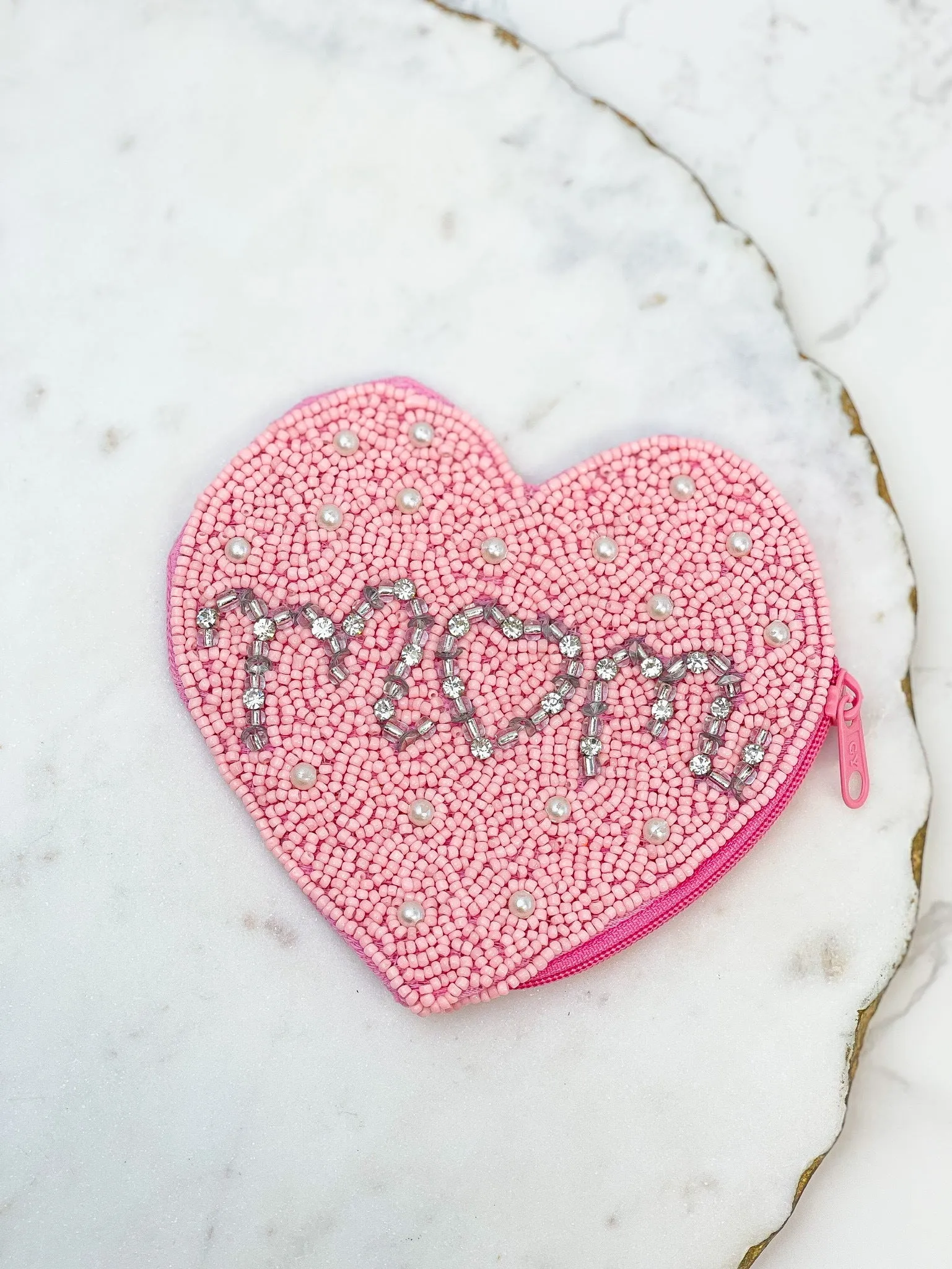 Glitzy 'Mom' Beaded Zip Pouch - Pink
